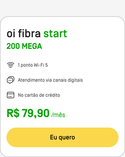 Assine Oi Fibra Start 200MB: 1 ponto Wi-Fi 5 com atendimento via canais digitais. Pagamento no cartão de crédito por R$79,90. Consulte disponibilidade.