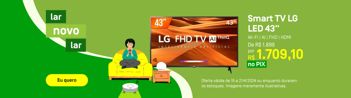 Banner hero 3. Oferta. Smart TV LG LED 43 FHD HDMI USB Bluetooth Wi-Fi ThinQ AI 43LM631C0SB.BWZ - Preto em promoção.