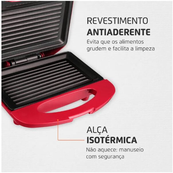 Sanduicheira Grill 800W Mondial S19 Antiaderente Inox Red 127V image number null
