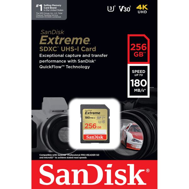 Cartão SDXC 256Gb SanDisk Extreme 4K 180Mb-s UHS-I - V30 - U3 - Classe 10 image number null