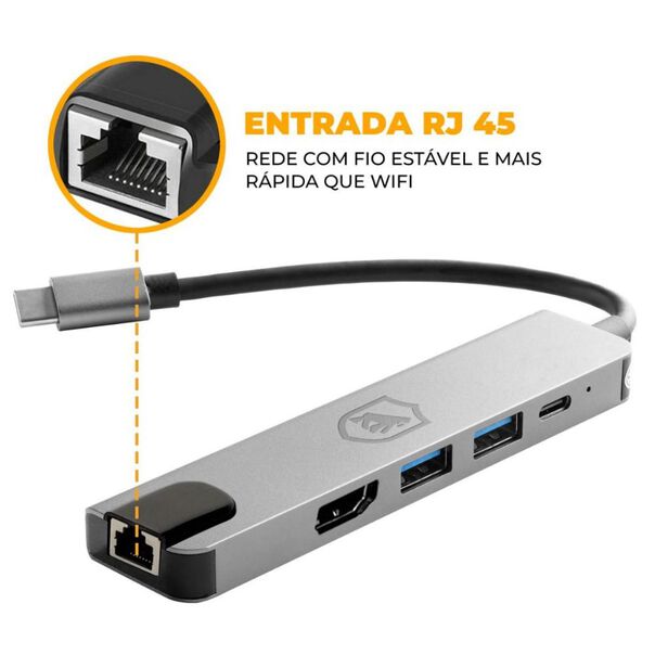 Adaptador de rede RJ45 - Hub 5 em 1 Internet   HDMI para Tipo C - Gshield image number null
