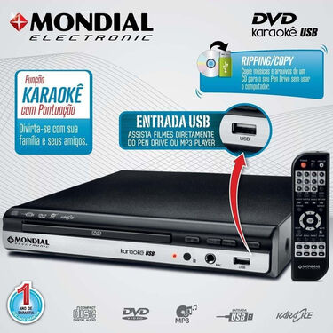 DVD Player D-15 com Karaokê. Entrada USB e Ripping Mondial - Preto image number null