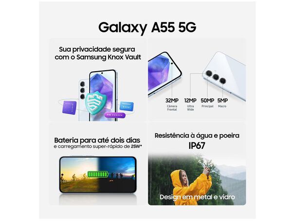 Smartphone Samsung Galaxy A55 256gb Azul Claro 5g 8gb Ram 6 6” Câm. Tripla + Selfie 32mp Dual Chip image number null