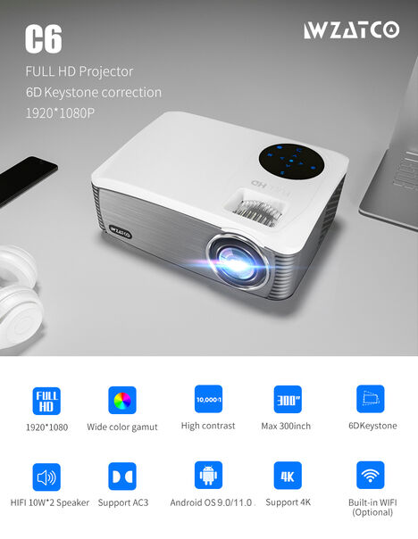 Projetor Wzatco C6A Espelhamento 7000 Lumens Android 9 Wifi Cor:Branco image number null