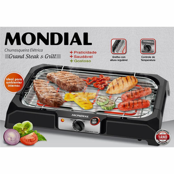 Churrasqueira Elétrica com Controle de Temperatura Grand Steak e Grill Mondial - Preto - 110v image number null