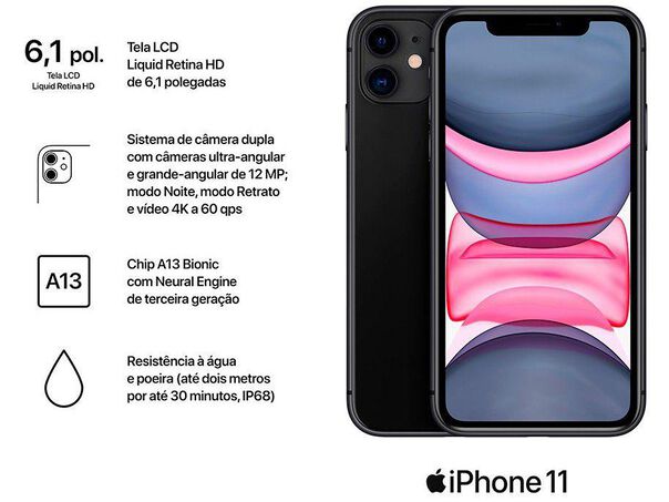 iPhone 11 Apple 128GB Preto 6 1” 12MP iOS + AirPods Apple com Estojo de Recarga - Preto image number null