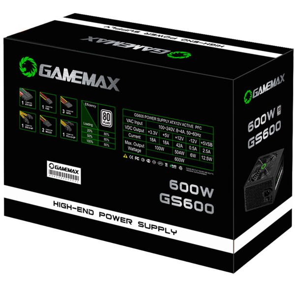 Fonte Gamemax GS600 600W 80 Plus White Preto - 100/240 (Bivolt) image number null