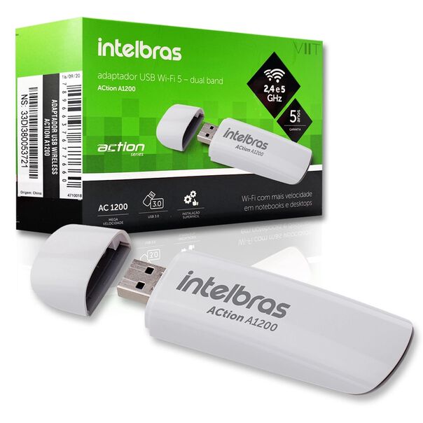 Adaptador Intelbras Action A1200 Wireless USB 3.0 Wi-Fi 5 Dual Band 2.4 e 5 GHz Receptor Internet Wifi Notebook Desktop image number null