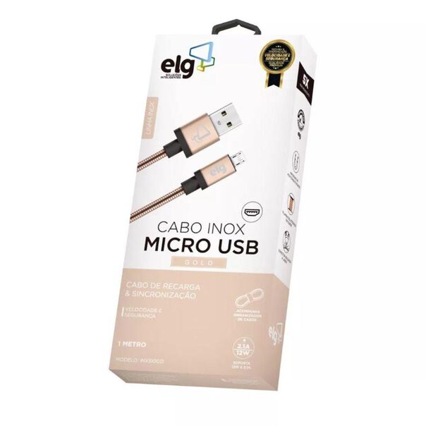 Cabo Micro USB Blindado Inox INX510GD Sincronização e Recarga ELG 1M Dourado image number null