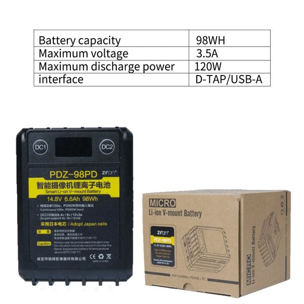 Bateria V-mount Zifon Pdz-98pd Micro 98wh - 14.8v Saídas Usb  Usb-c E D-tap (6600mah) image number null