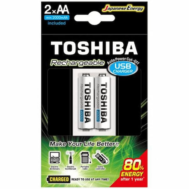 Carregador USB Toshiba de Pilha AA-AAA com 2x Pilhas AA Recarregável de 2000mAh image number null