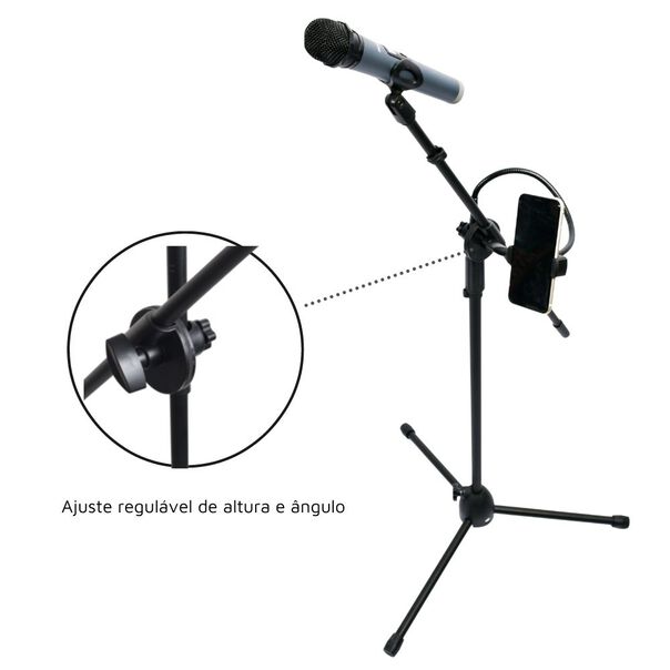 Kit Pedestal Tripé Universal para Microfone com Suporte p- Celular + 2 Microfones com Fio image number null