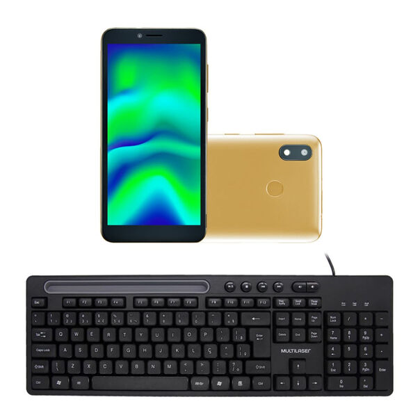 Combo Office - Smartphone Multilaser F Pro 2 32GB Dual Chip Android 11 Dourado e Teclado Com Fio Slot Conexão USB Preto - P9153K P9153K image number null