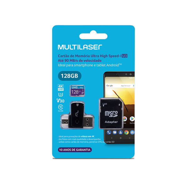Kit 4 em 1 Cartão De Memória Ultra High Speed-I U3 + Adaptador USB Dual Drive + Adaptador SD 128GB até 90 Mb/S De Velocidade Multilaser - MC153 MC153 image number null