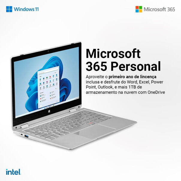 Notebook M11W Prime 2 em 1. Windows 11 Home. Processador Intel Celeron. 64GB+64GB. Tela 11.6 Pol + Microsoft 365 Personal e 1TB na Nuvem - PC281 PC281 image number null