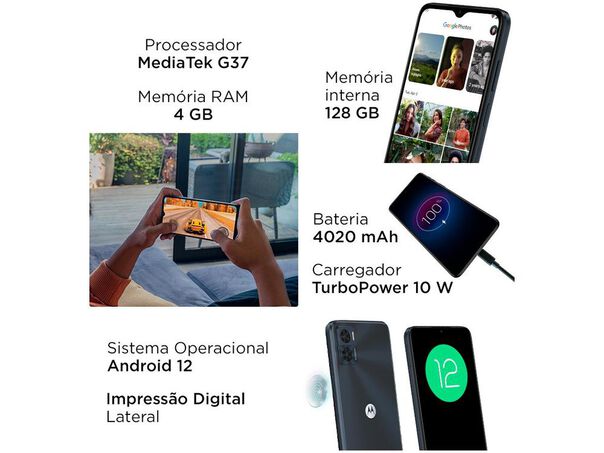 Smartphone Motorola Moto E22 128GB Preto 4G 4GB RAM 6 5” Câm. Dupla + Selfie 5MP Dual Chip  - 128GB - Preto image number null