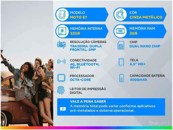 Smartphone Motorola Moto E7 32GB Cinza Metálico - 4G Octa-Core 2GB RAM 6 5” Câm. Dupla + Selfie 5MP  - 32GB - Cinza metálico image number null