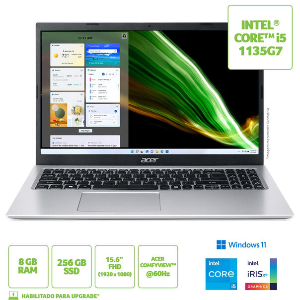 Notebook Acer Aspire 3 15.6 FHD I5-1135G7 SSD 256GB 8GB Windows 11 Home Prata - A315-58-573P image number null