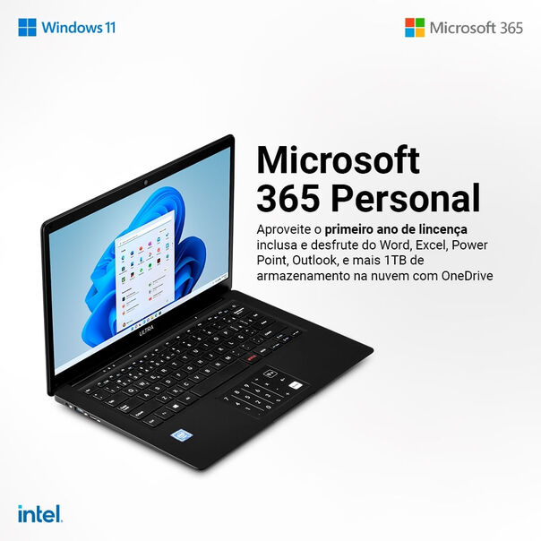 Notebook Legacy Book. com Windows 11 Home. Intel Celeron 4GB 64GB 14.1 Pol. HD. Preto + Microsoft 365 Personal com 1TB na Nuvem - PC270 PC270 image number null