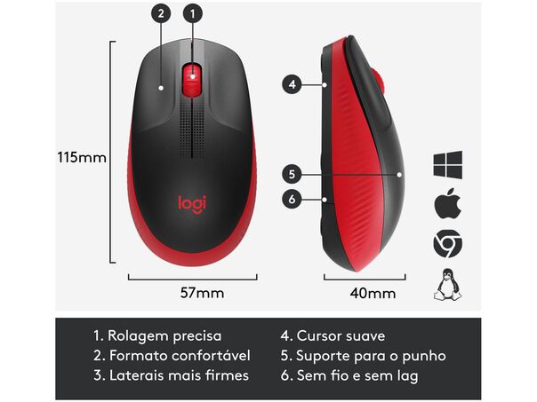Mouse sem Fio Logitech Óptico 1000DPI 3 Botões M190 Vermelho - Vermelho image number null
