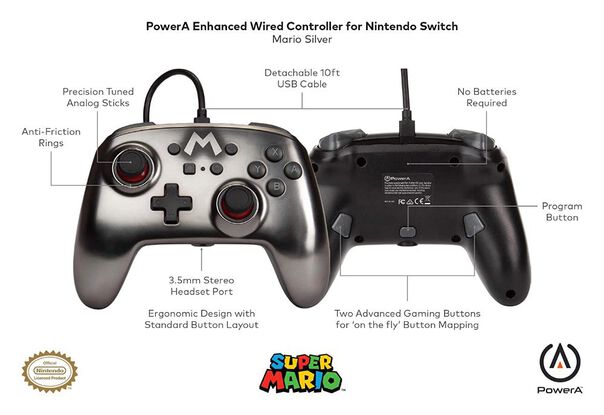 Controle Powera Wired (com Fio) - Mario Silver - Switch image number null