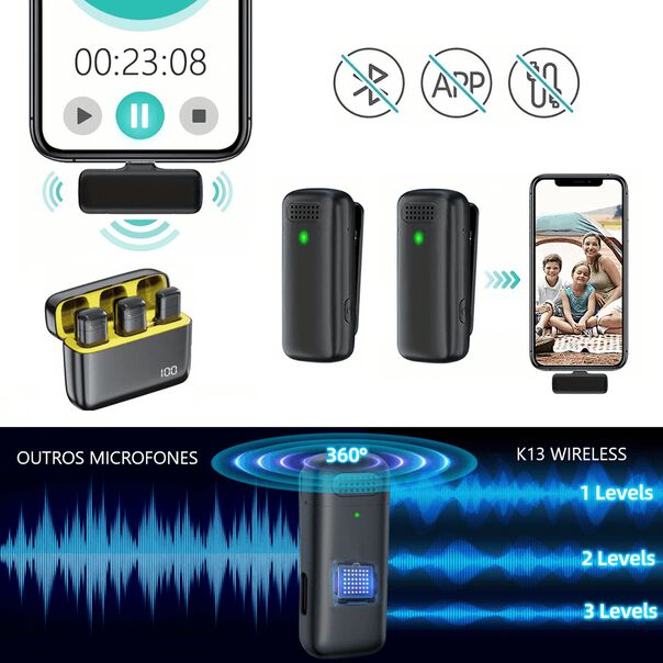 Sistema Microfone Lapela Duplo K13 Wireless 360° Lightning Para Smartphone Ios (2.4ghz) image number null