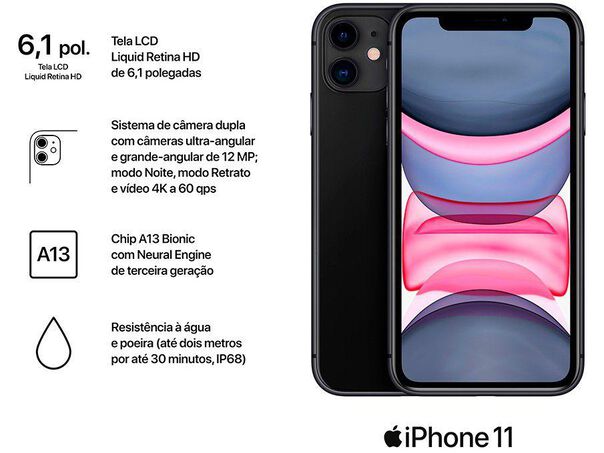 iPhone 11 Apple 128GB Preto 6 1” 12MP iOS + Cabo de Lightning para USB (2m) Apple Original - Preto image number null