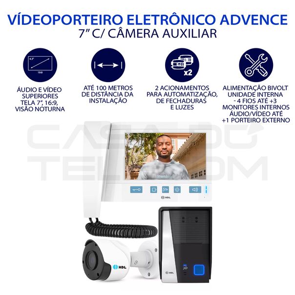 Kit Porteiro Eletrônico com Vídeo e Câmera Auxiliar Hdl-Video Advance - 7 Bco image number null