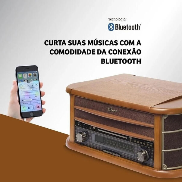 Vitrola Raveo New Ópera HI-FI Bluetooth Rádio FM USB CD Player Cassete - Marrom image number null