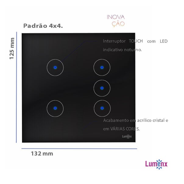 Interruptor Touch Wi-Fi Tok Glass 5 Botões Preto 4X4 Lumenx image number null