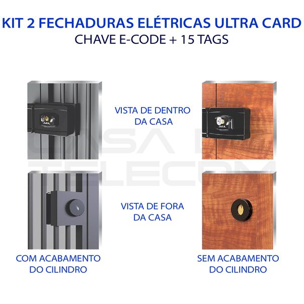 KIT 2 FECHADURAS ELETRONICAS AGL ULTRA CARD PRETA - 42MM CHAVE E-CODE + 15 TAGS EXTRAS image number null
