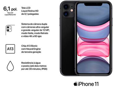 iPhone 11 Apple 128GB Preto 6 1” 12MP iOS  - 128GB - Preto image number null